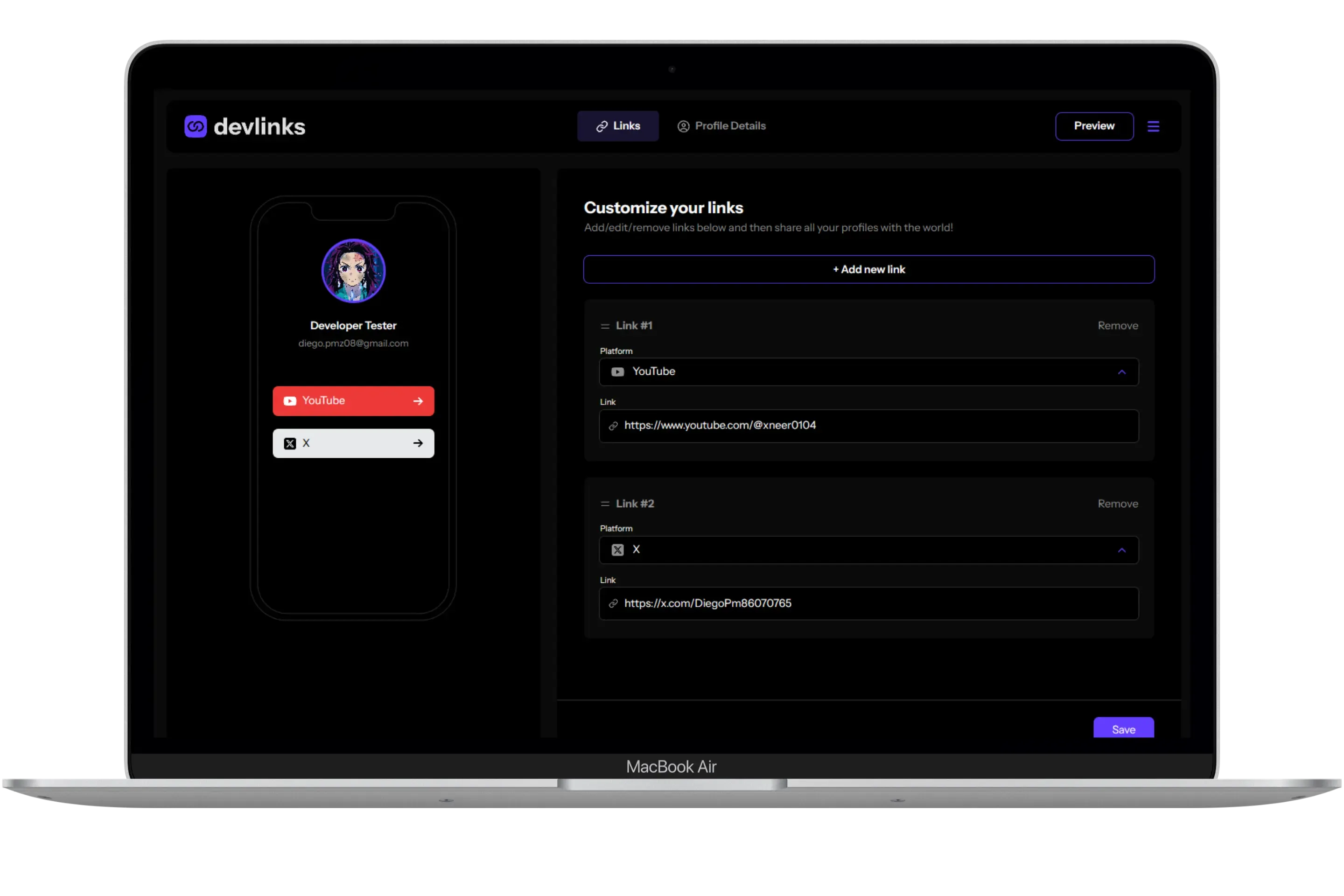 Imagen del proyecto DevLinks desde una laptop